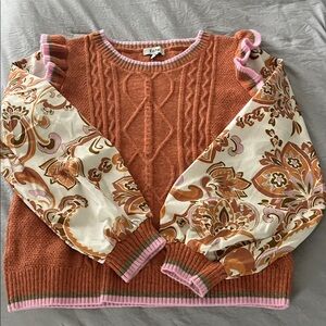 Fate Orange and Cream Knit Sweater with Patterned Sleeves